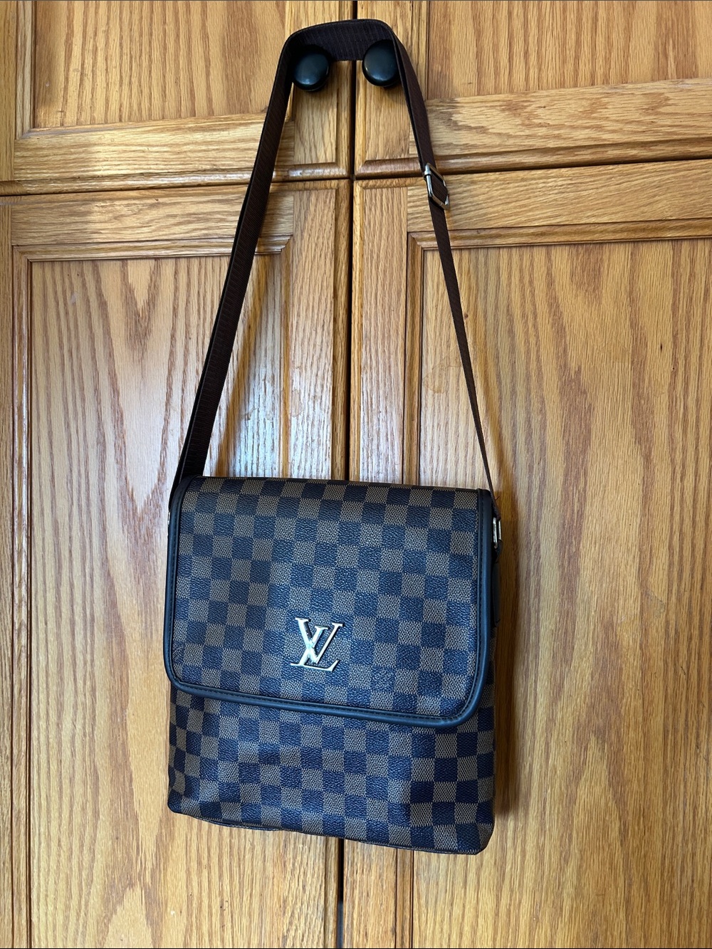 Source Unknown Brown Check Messenger Bag with Silver Emblem